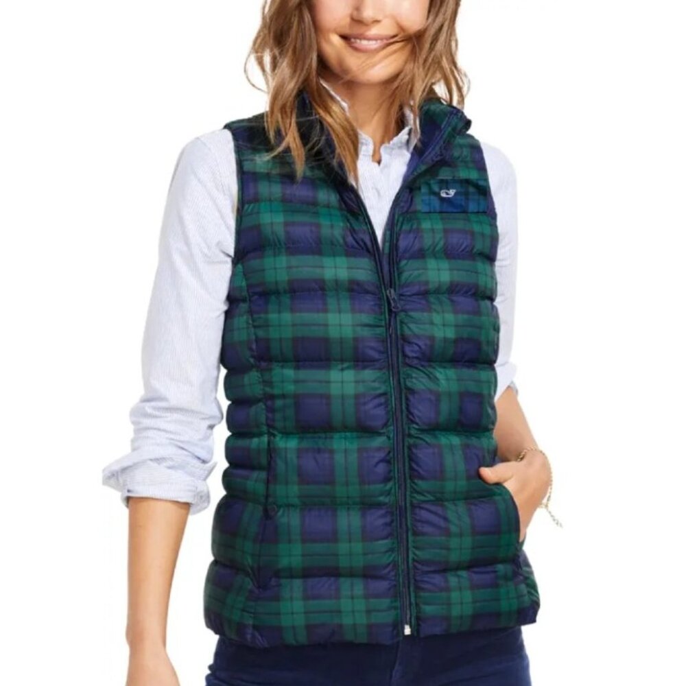Vineyard Vines Women's Blue Green Tartan Plaid‎ Puffer Vest Jacket Size Small